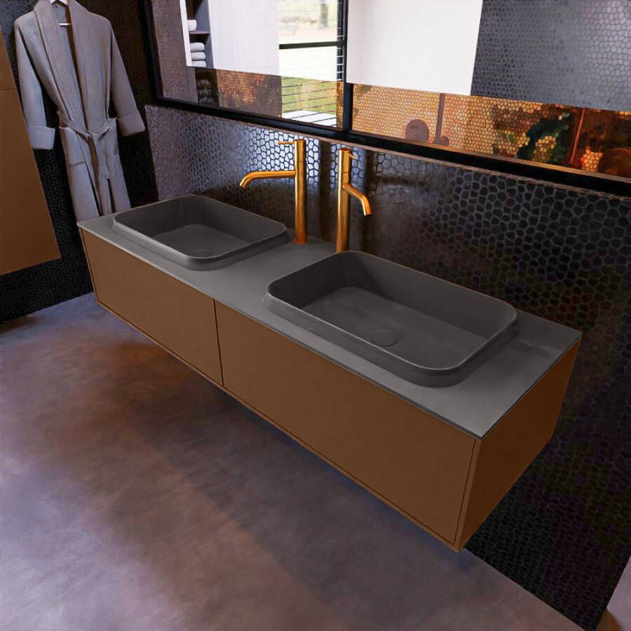 Mondiaz ERIN 150cm badmeubelset onderkast kleur Rust met 2 lades Wastafel RIDGE dubbel 2 kraangaten kleur Dark grey ERIN11830 - Foto 2