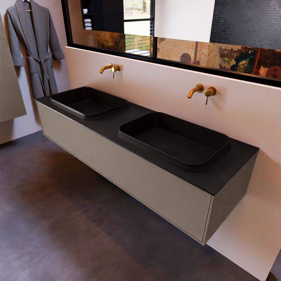 Mondiaz ERIN 150cm badmeubelset onderkast kleur Smoke met 1 lade Wastafel RIDGE dubbel zonder kraangaten kleur Urban ERIN10932