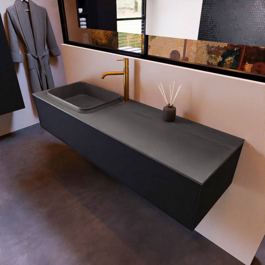 Mondiaz Erin 150cm badmeubel Urban met 1 lade en donkergrijze wastafel links 1 kraangat