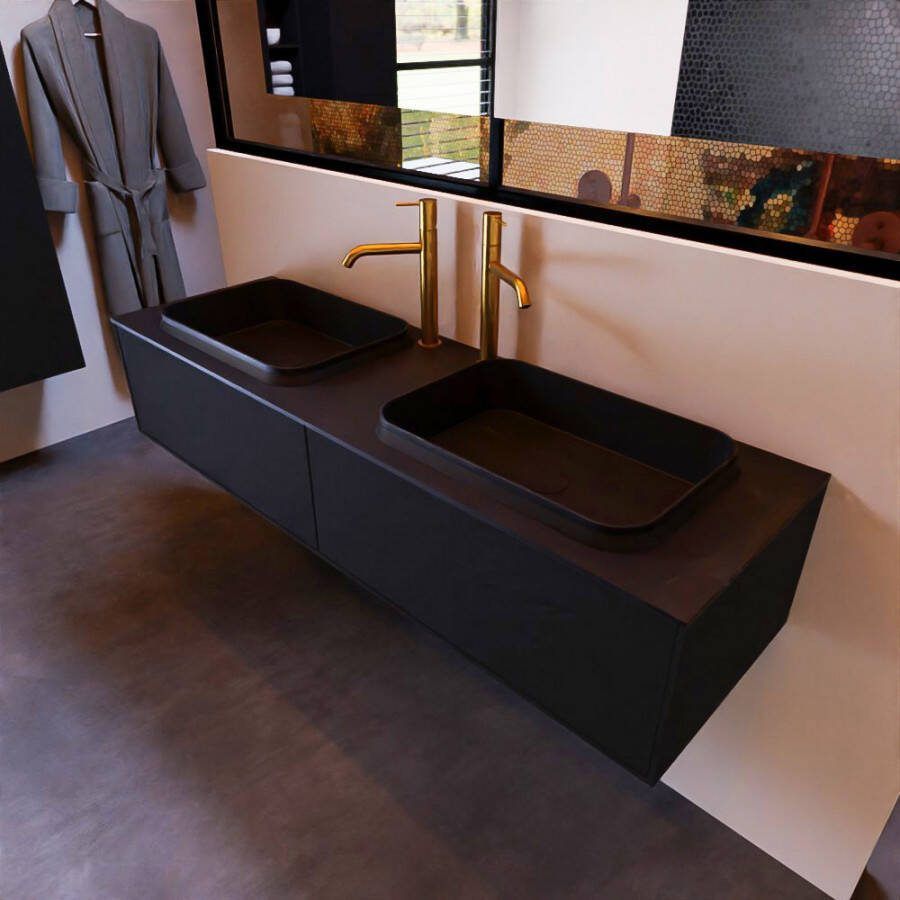 Mondiaz ERIN 150cm badmeubelset onderkast kleur Urban met 2 lades Wastafel RIDGE dubbel 2 kraangaten kleur Urban ERIN10810