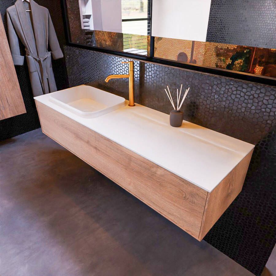 Mondiaz ERIN 150cm badmeubelset onderkast kleur Washed oak met 1 lade Wastafel RIDGE links 1 kraangat kleur Talc ERIN10696 - Foto 2