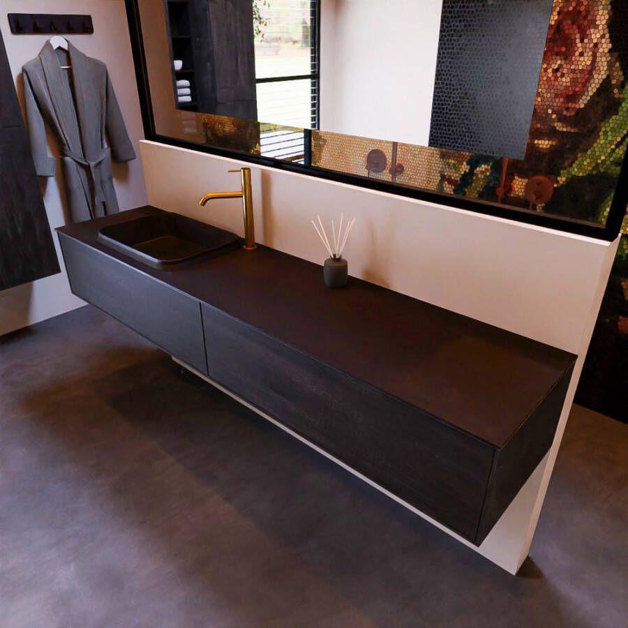 Mondiaz ERIN 200cm badmeubelset onderkast kleur Antracite met 2 lades Wastafel RIDGE links 1 kraangat kleur Urban ERIN11290