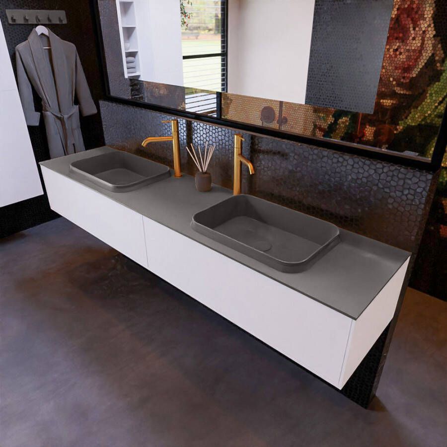 Mondiaz ERIN 200cm badmeubelset onderkast kleur carrara met 2 lades Wastafel RIDGE dubbel 2 kraangaten kleur Dark grey ERIN12244