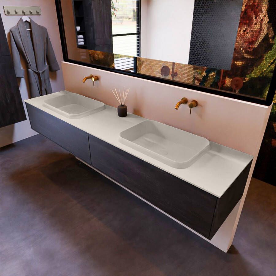 Mondiaz ERIN 200cm badmeubelset onderkast kleur Dark brown met 2 lades Wastafel RIDGE dubbel zonder kraangaten kleur Linen ERIN12853 - Foto 2