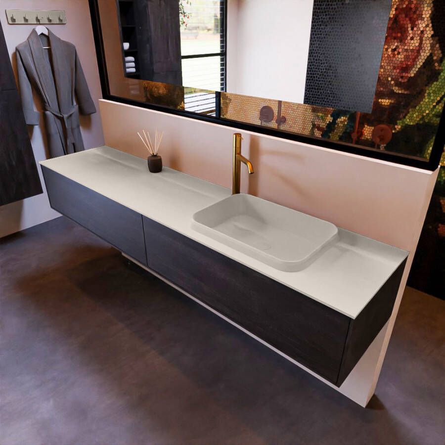 Mondiaz ERIN 200cm badmeubelset onderkast kleur Dark brown met 2 lades Wastafel RIDGE rechts 1 kraangat kleur Linen ERIN12855 - Foto 2