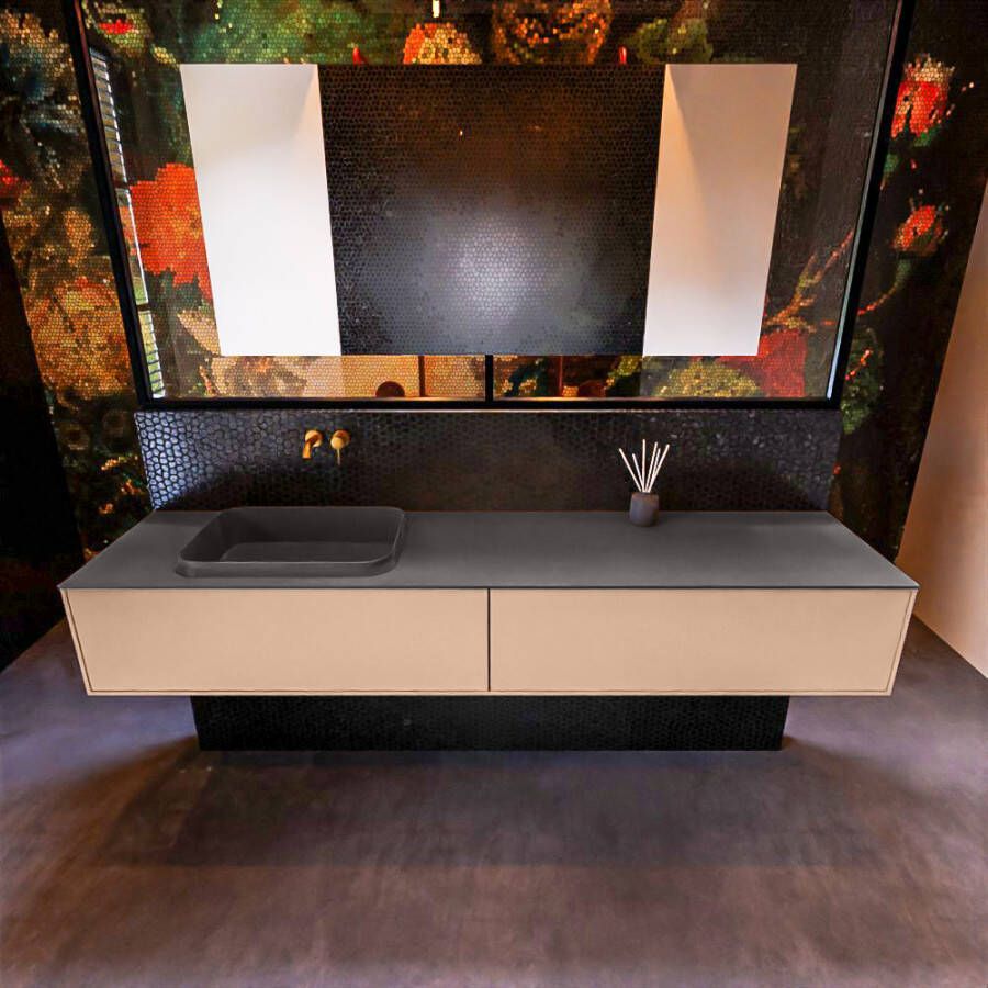 Mondiaz ERIN 200cm badmeubelset onderkast kleur Rosee met 2 lades Wastafel RIDGE links zonder kraangaten kleur Dark grey ERIN12001