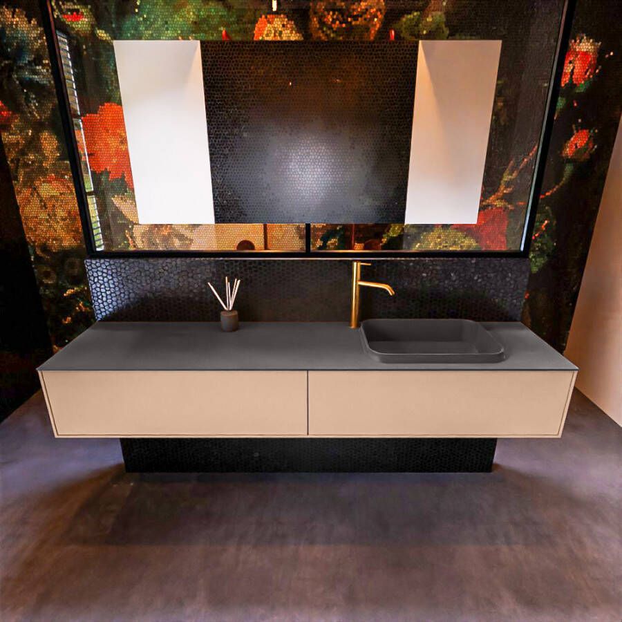 Mondiaz ERIN 200cm badmeubelset onderkast kleur Rosee met 2 lades Wastafel RIDGE rechts 1 kraangat kleur Dark grey ERIN12005