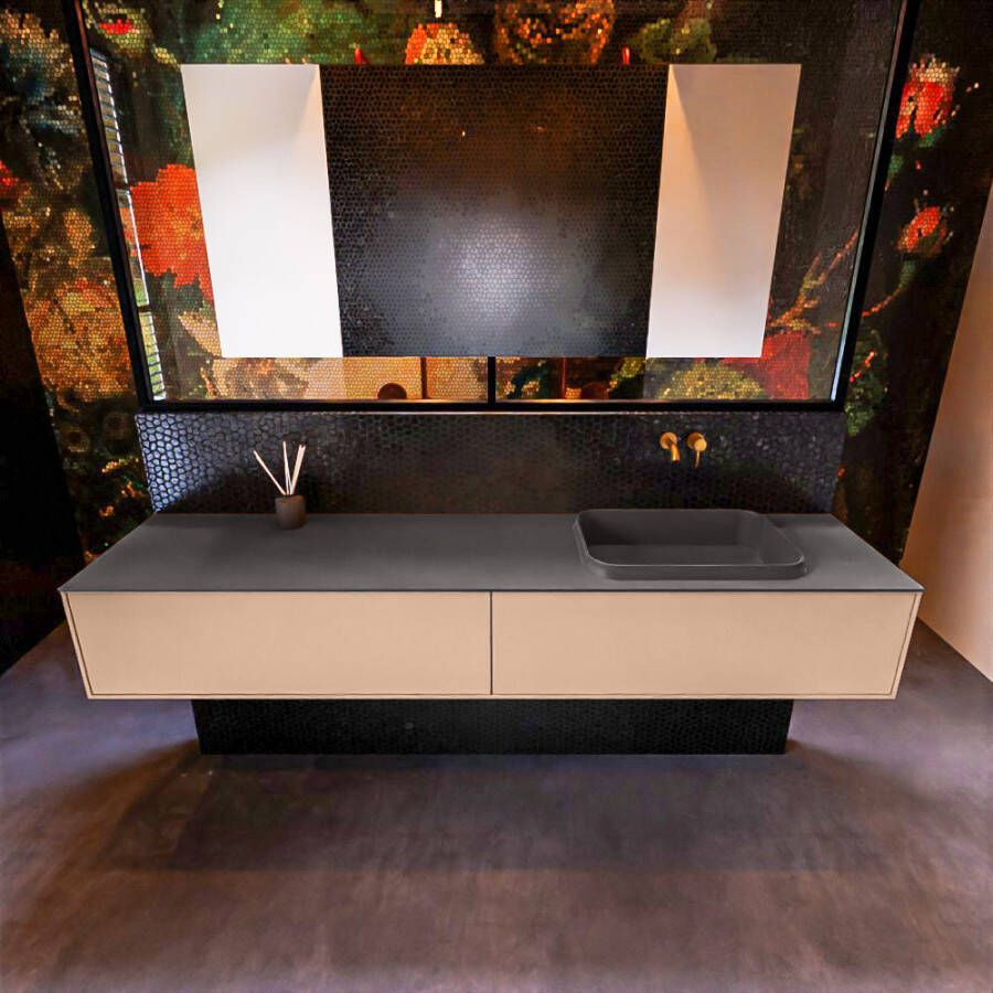 Mondiaz ERIN 200cm badmeubelset onderkast kleur Rosee met 2 lades Wastafel RIDGE rechts zonder kraangaten kleur Dark grey ERIN12002