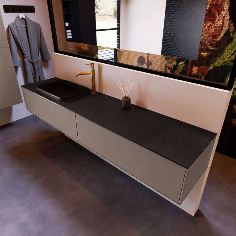 Mondiaz ERIN 200cm badmeubelset onderkast kleur Smoke met 2 lades Wastafel RIDGE links 1 kraangat kleur Urban ERIN10950