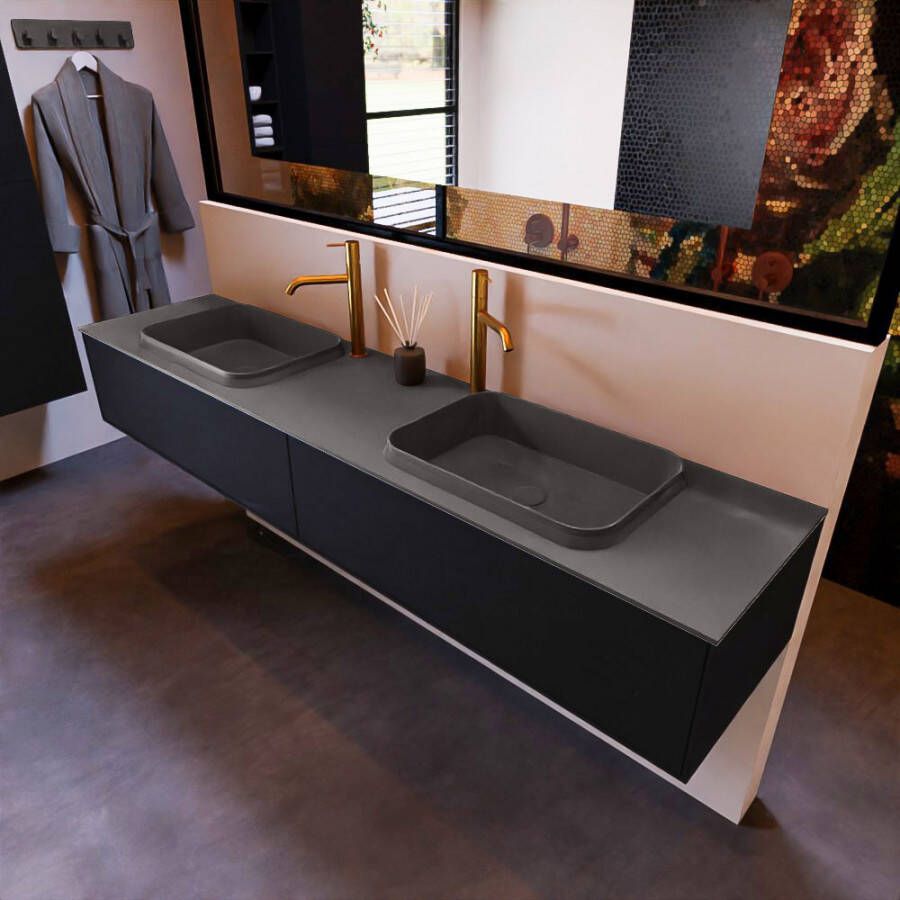 Mondiaz ERIN 200cm badmeubelset onderkast kleur Urban met 2 lades Wastafel RIDGE dubbel 2 kraangaten kleur Dark grey ERIN11564 - Foto 2