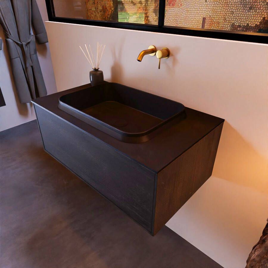 Mondiaz Erin 80cm badmeubel Antracite met 1 lade en zwarte wastafel midden zonder kraangaten