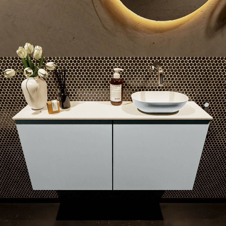 Mondiaz Fowy toiletmeubel 100x50x23cm clay mat 0 kraangaten wasbak: rechts 2 deuren solid surface met blad MDF kleur wasbak: Bruin Wit FOWY59024clayclay