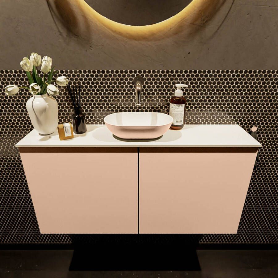 Mondiaz Fowy toiletmeubel 100x50x23cm rosee mat 0 kraangaten wasbak: midden 2 deuren solid surface met blad MDF kleur wasbak: Roze Wit FOWY59022roseerosee
