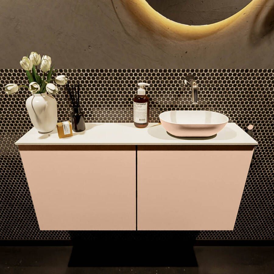Mondiaz Fowy toiletmeubel 100x50x23cm rosee mat 0 kraangaten wasbak: rechts 2 deuren solid surface met blad MDF kleur wasbak: Roze Wit FOWY59024roseerosee