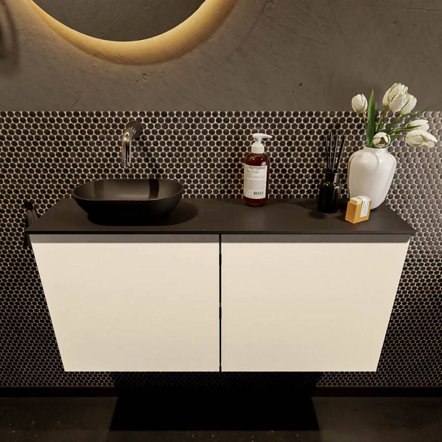 Mondiaz Fowy toiletmeubel 100x50x23cm talc mat 0 kraangaten wasbak: links 2 deuren solid surface met blad MDF kleur wasbak: zwart FOWY59023talcurban - Foto 2