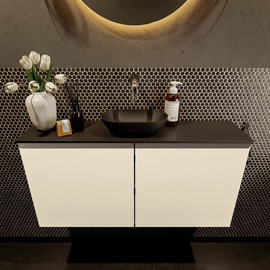 Mondiaz Fowy toiletmeubel 100x50x23cm talc mat 0 kraangaten wasbak: midden 2 deuren solid surface met blad MDF kleur wasbak: zwart FOWY59022talcurban - Foto 2