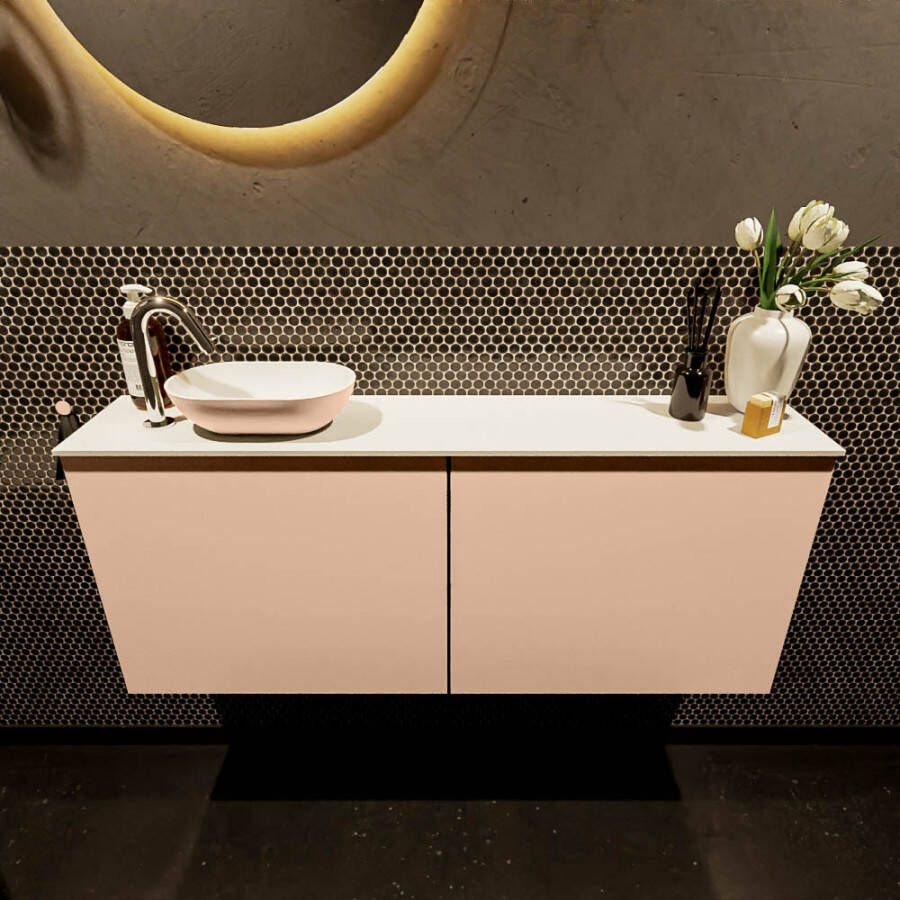 Mondiaz Fowy toiletmeubel 120x50x23cm rosee mat 1 kraangat wasbak: links 2 deuren solid surface met blad MDF kleur wasbak: Roze Wit FOWY59026roseerosee