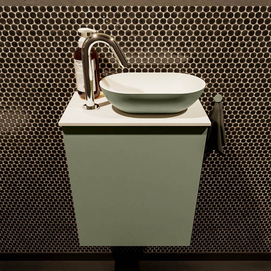 Mondiaz Fowy toiletmeubel 40x50x23cm army mat 1 kraangat wasbak: rechts 1 deur solid surface met blad MDF kleur wasbak: Groen Wit FOWY59002armyarmy