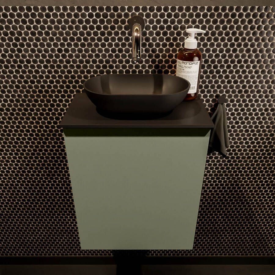 Mondiaz Fowy toiletmeubel 40x50x23cm army mat 0 kraangaten wasbak: midden 1 deur solid surface met blad MDF kleur wasbak: zwart FOWY59003armyurban - Foto 2