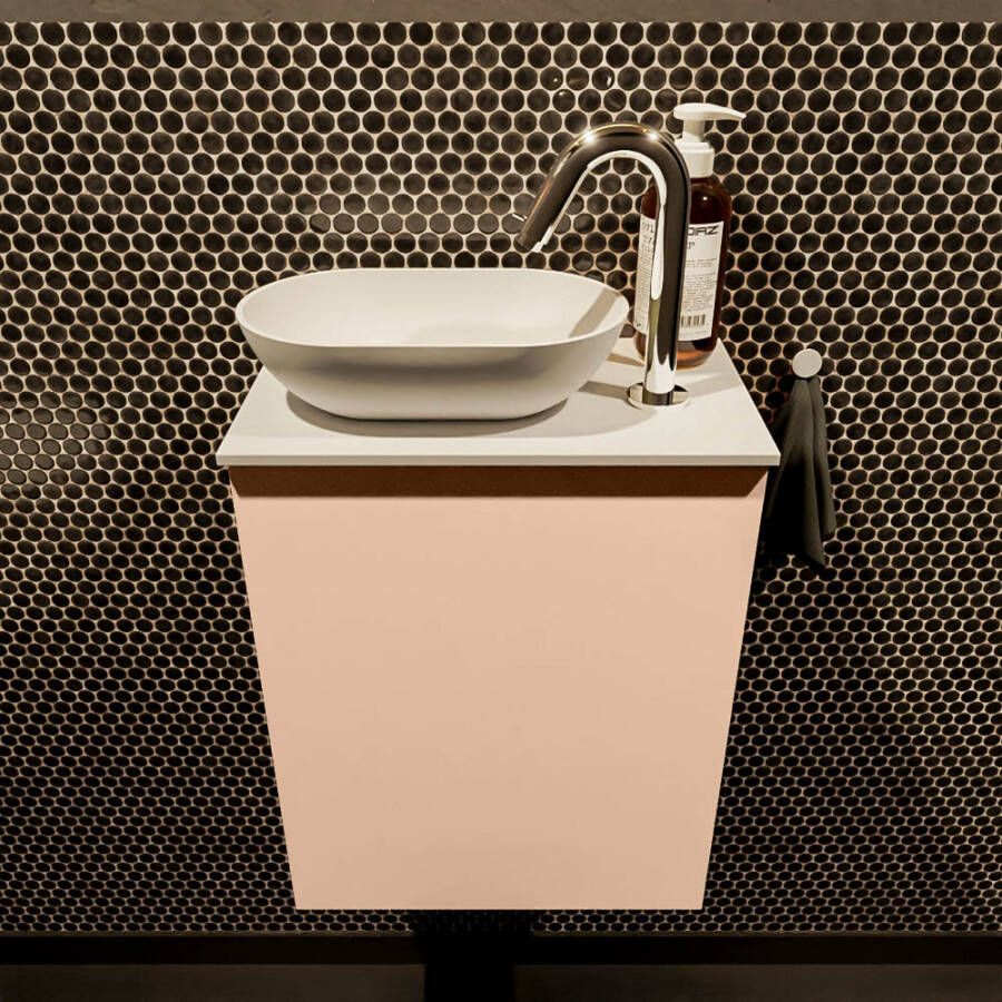 Mondiaz Fowy toiletmeubel 40x50x23cm rosee mat 1 kraangat wasbak: links 1 deur solid surface met blad MDF kleur wasbak: Wit Zwart FOWY59001roseetalc