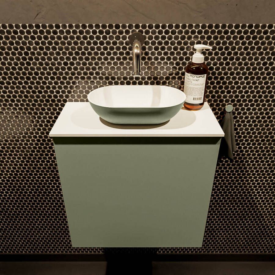 Mondiaz Fowy toiletmeubel 50x50x23cm army mat 0 kraangaten wasbak: midden 1 deur solid surface met blad MDF kleur wasbak: Groen Wit FOWY59006armyarmy