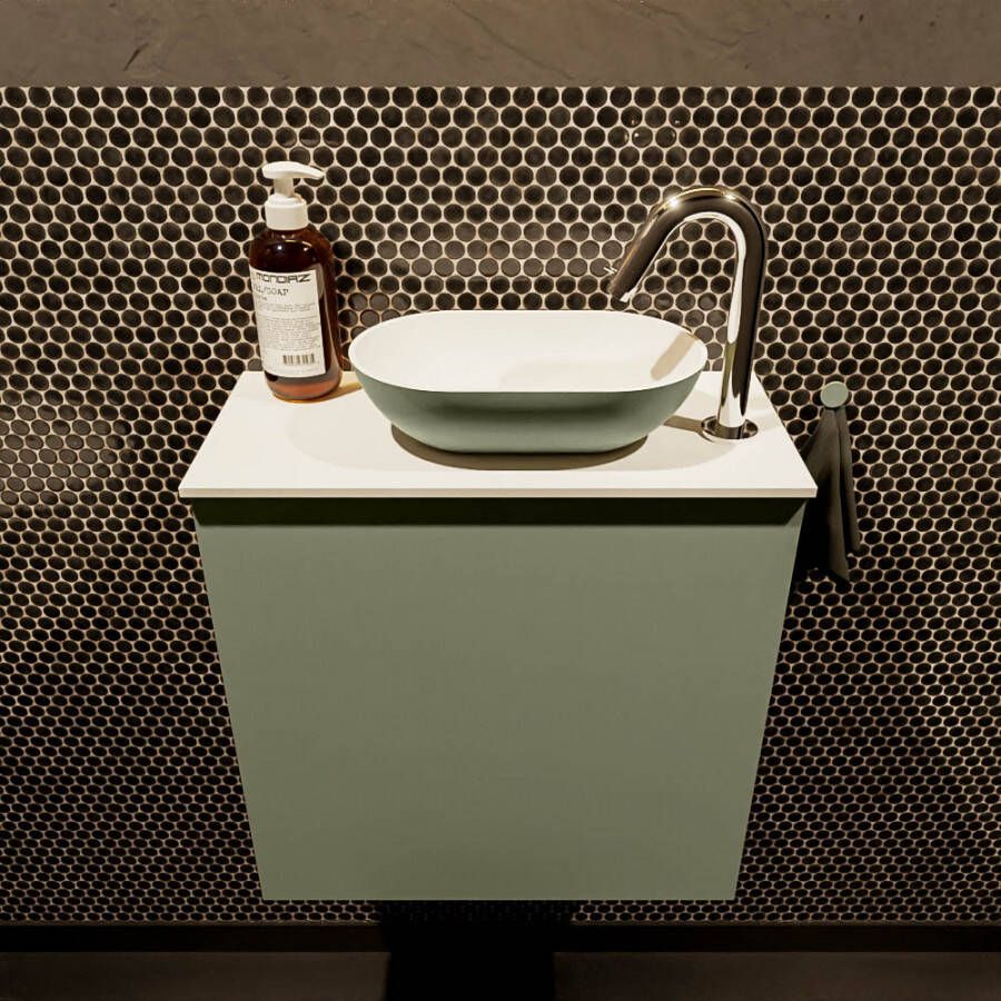 Mondiaz Fowy toiletmeubel 50x50x23cm army mat 1 kraangat wasbak: rechts 1 deur solid surface met blad MDF kleur wasbak: Groen Wit FOWY59005armyarmy