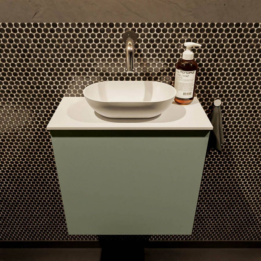 Mondiaz Fowy toiletmeubel 50x50x23cm army mat 0 kraangaten wasbak: midden 1 deur solid surface met blad MDF kleur wasbak: wit FOWY59006armytalc