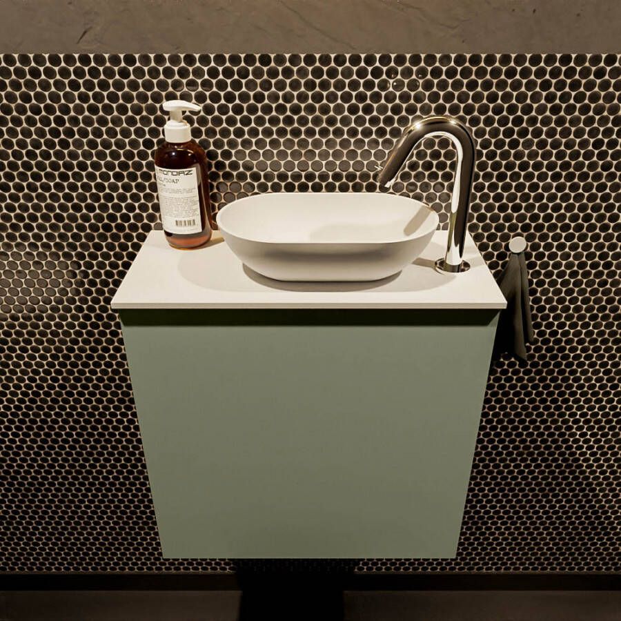 Mondiaz Fowy toiletmeubel 50x50x23cm army mat 1 kraangat wasbak: rechts 1 deur solid surface met blad MDF kleur wasbak: wit FOWY59005armytalc