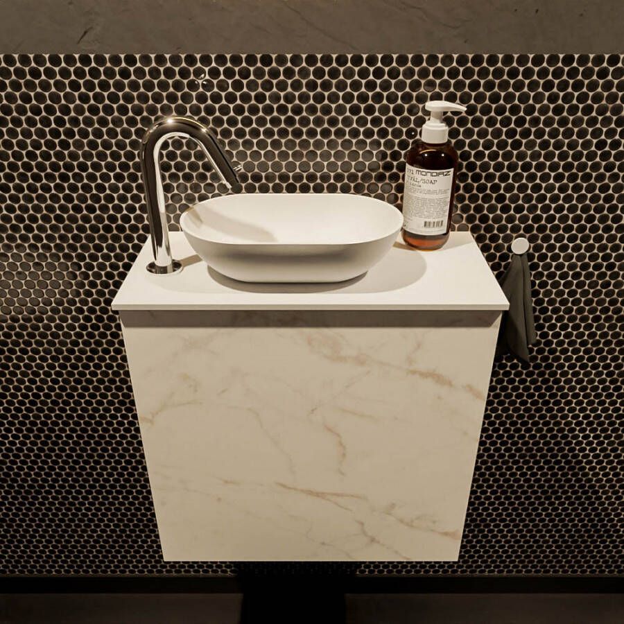 Mondiaz Fowy toiletmeubel 50cm Carrara met witte waskom links en kraangat