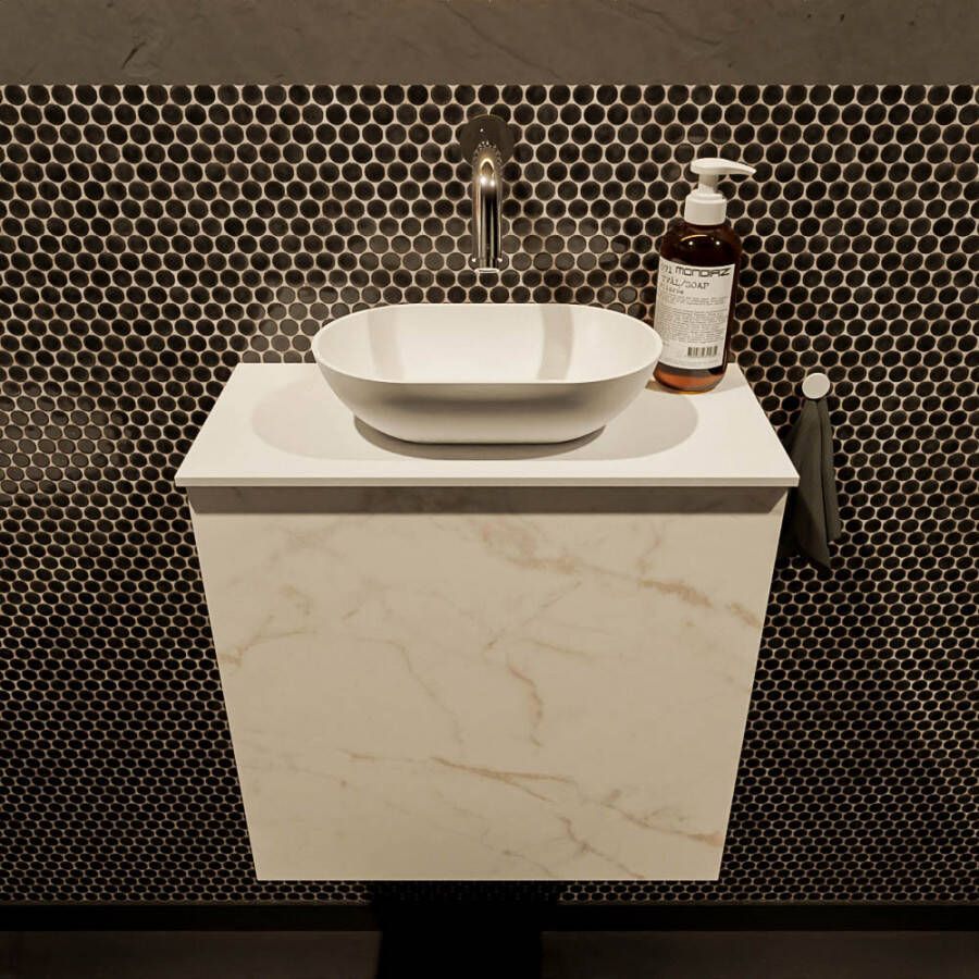 Mondiaz Fowy toiletmeubel 50cm Carrara met witte waskom midden zonder kraangat