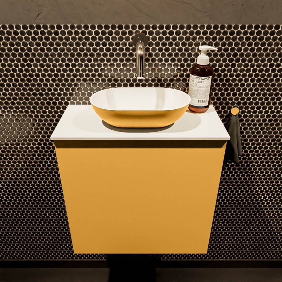 Mondiaz Fowy toiletmeubel 50x50x23cm ocher mat 0 kraangaten wasbak: midden 1 deur solid surface met blad MDF kleur wasbak: Oranje Wit FOWY59006ocherocher