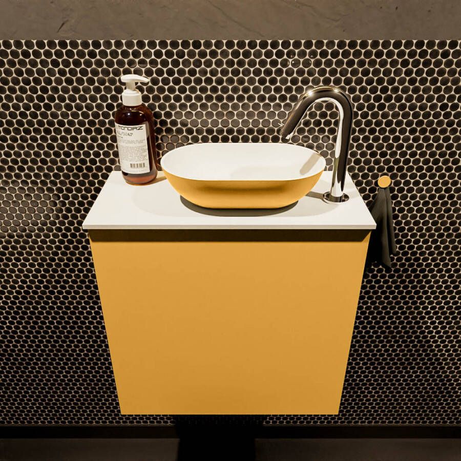 Mondiaz Fowy toiletmeubel 50x50x23cm ocher mat 1 kraangat wasbak: rechts 1 deur solid surface met blad MDF kleur wasbak: Oranje Wit FOWY59005ocherocher