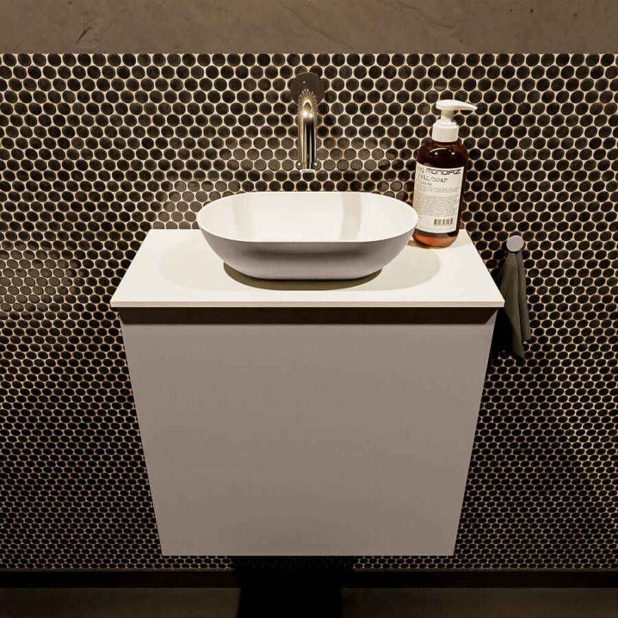 Mondiaz Fowy toiletmeubel 50x50x23cm smoke mat 0 kraangaten wasbak: midden 1 deur solid surface met blad MDF kleur wasbak: Antraciet Wit FOWY59006smokesmoke
