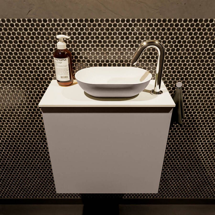Mondiaz Fowy toiletmeubel 50x50x23cm smoke mat 1 kraangat wasbak: rechts 1 deur solid surface met blad MDF kleur wasbak: Antraciet Wit FOWY59005smokesmoke