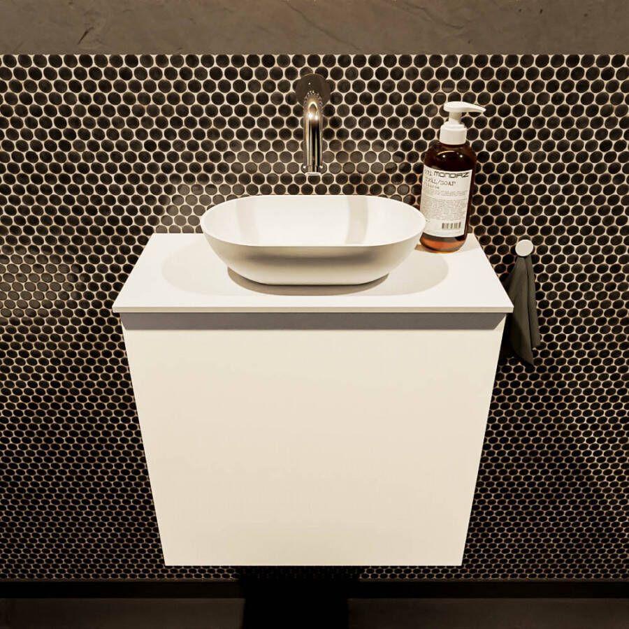 Mondiaz Fowy toiletmeubel 50x50x23cm talc mat 0 kraangaten wasbak: midden 1 deur solid surface met blad MDF kleur wasbak: wit FOWY59006talctalc - Foto 2