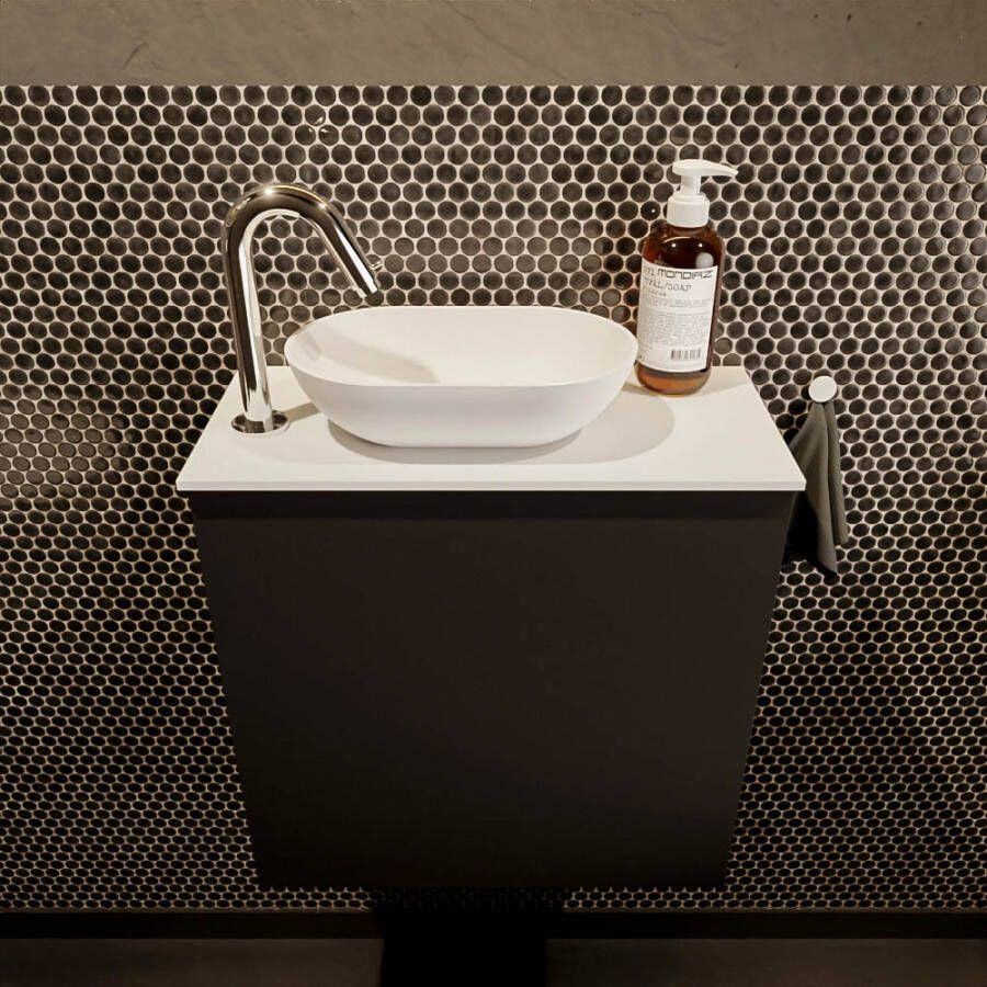 Mondiaz Fowy toiletmeubel 50x50x23cm urban mat 1 kraangat wasbak: links 1 deur solid surface met blad MDF kleur wasbak: wit FOWY59004urbantalc