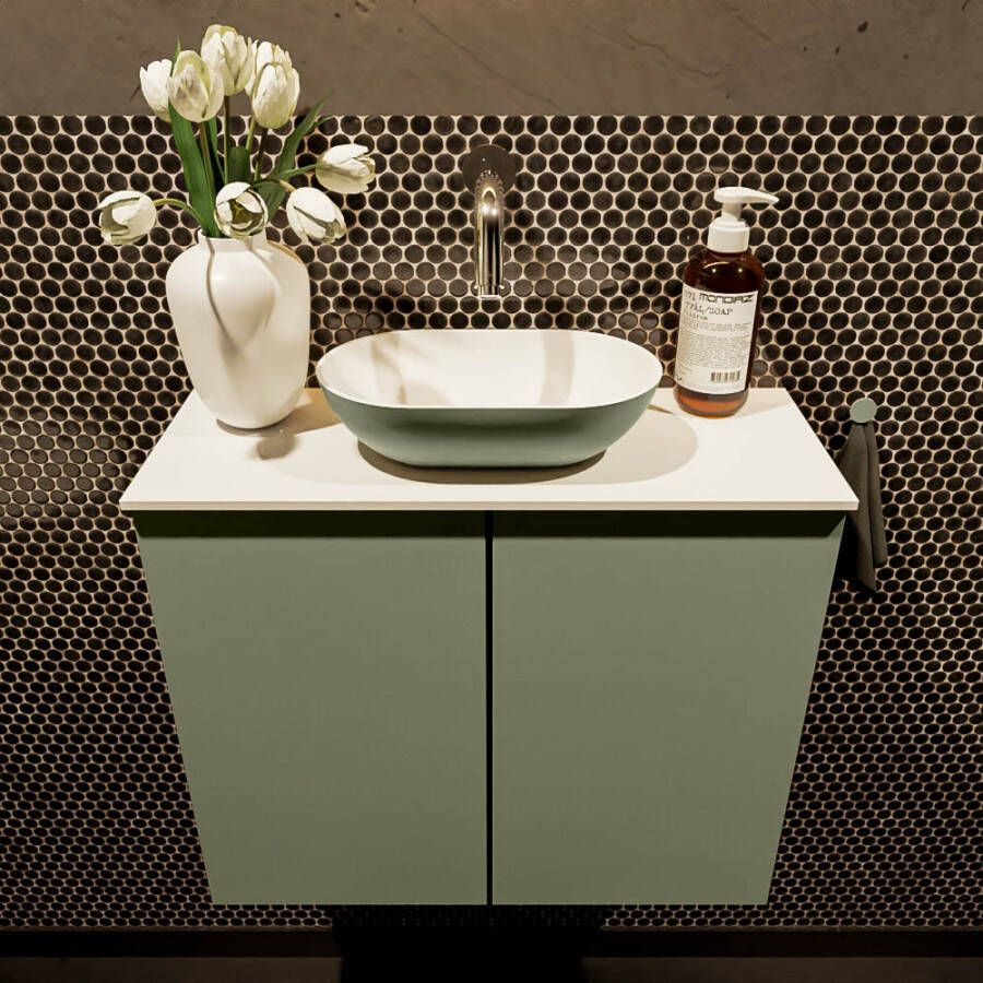 Mondiaz Fowy toiletmeubel 60x50x23cm army mat 0 kraangaten wasbak: midden 2 deuren solid surface met blad MDF kleur wasbak: Groen Wit FOWY59010armyarmy - Foto 2