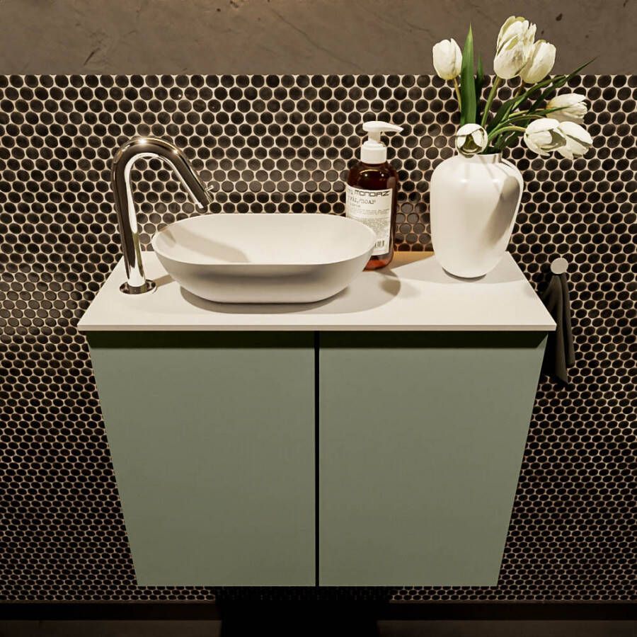 Mondiaz Fowy toiletmeubel 60x50x23cm army mat 1 kraangat wasbak: links 2 deuren solid surface met blad MDF kleur wasbak: wit FOWY59008armytalc - Foto 2