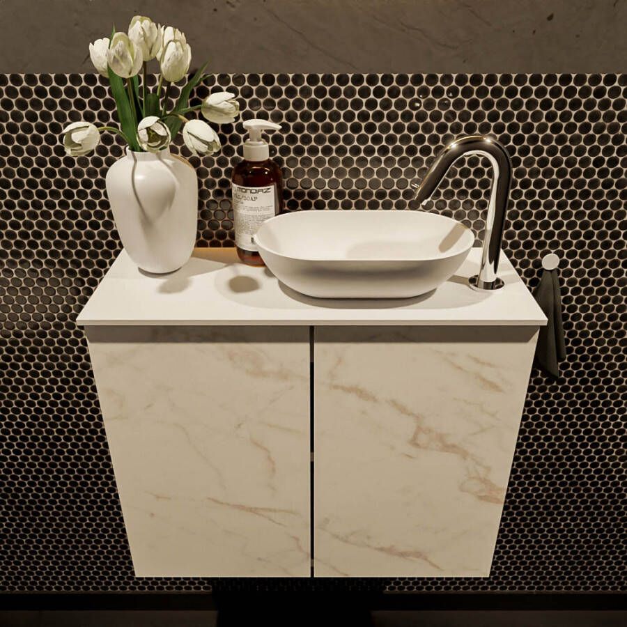 Mondiaz Fowy toiletmeubel 60cm Carrara met witte waskom rechts en kraangat