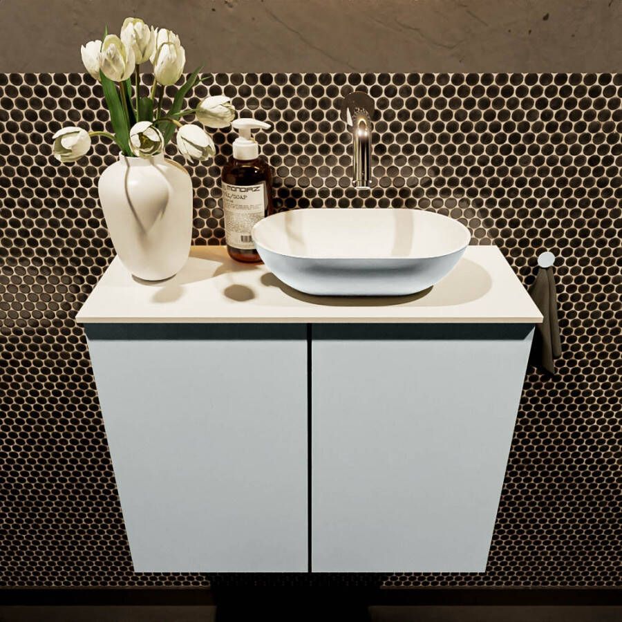 Mondiaz Fowy toiletmeubel 60x50x23cm clay mat 0 kraangaten wasbak: rechts 2 deuren solid surface met blad MDF kleur wasbak: Bruin Wit FOWY59012clayclay