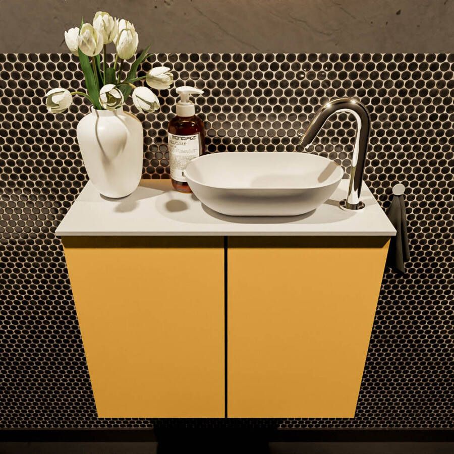 Mondiaz Fowy toiletmeubel 60x50x23cm ocher mat 1 kraangat wasbak: rechts 2 deuren solid surface met blad MDF kleur wasbak: wit FOWY59009ochertalc - Foto 1