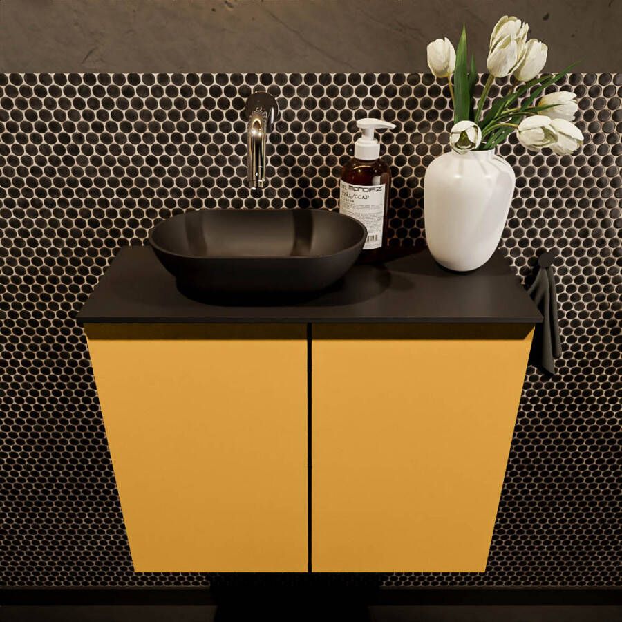 Mondiaz Fowy toiletmeubel 60x50x23cm ocher mat 0 kraangaten wasbak: links 2 deuren solid surface met blad MDF kleur wasbak: zwart FOWY59011ocherurban - Foto 2