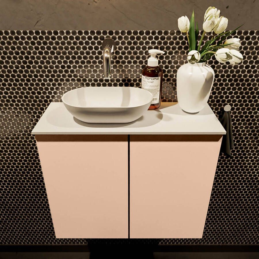 Mondiaz Fowy toiletmeubel 60x50x23cm rosee mat 0 kraangaten wasbak: links 2 deuren solid surface met blad MDF kleur wasbak: wit FOWY59011roseetalc