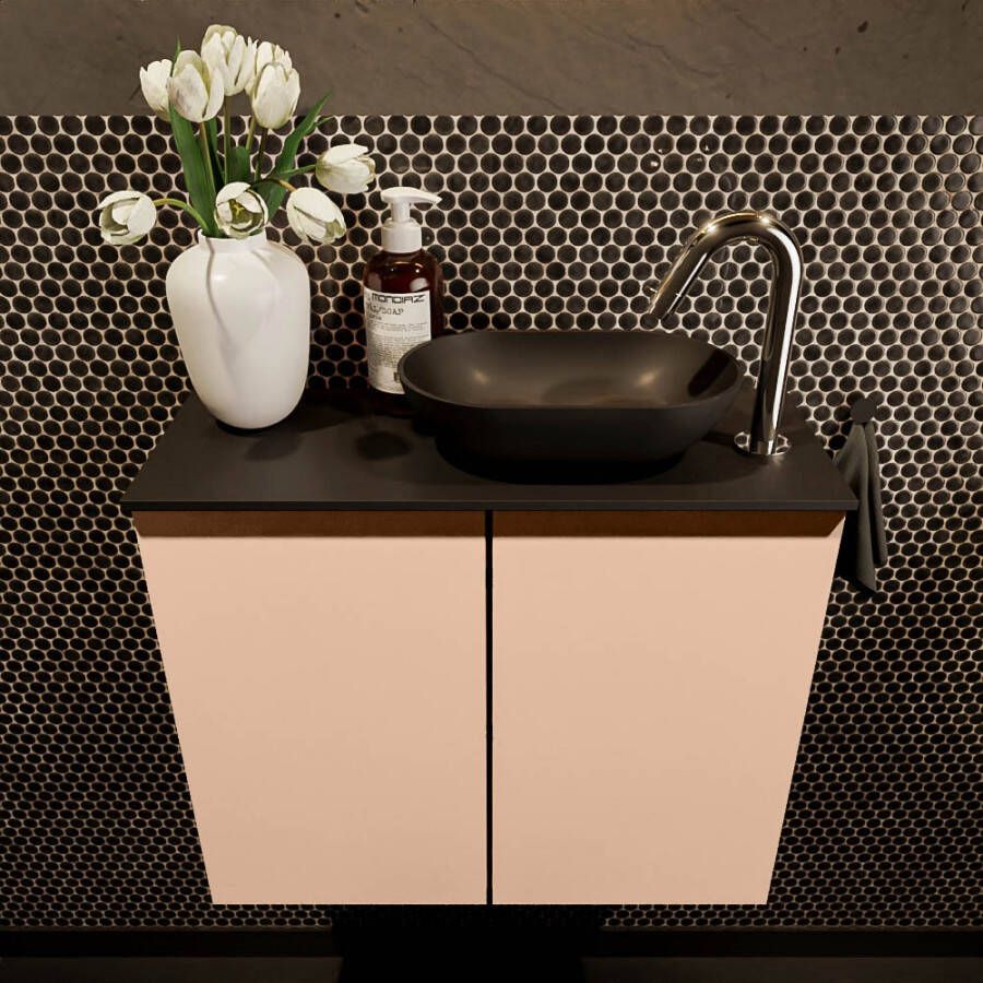 Mondiaz Fowy toiletmeubel 60x50x23cm rosee mat 1 kraangat wasbak: rechts 2 deuren solid surface met blad MDF kleur wasbak: zwart FOWY59009roseeurban