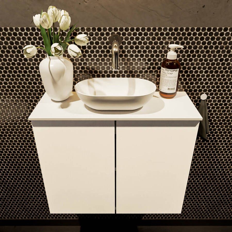 Mondiaz Fowy toiletmeubel 60x50x23cm talc mat 0 kraangaten wasbak: midden 2 deuren solid surface met blad MDF kleur wasbak: wit FOWY59010talctalc - Foto 2