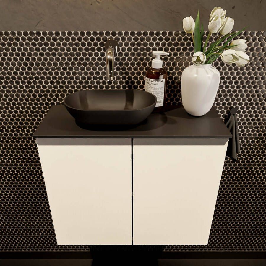Mondiaz Fowy toiletmeubel 60x50x23cm talc mat 0 kraangaten wasbak: links 2 deuren solid surface met blad MDF kleur wasbak: zwart FOWY59011talcurban - Foto 2