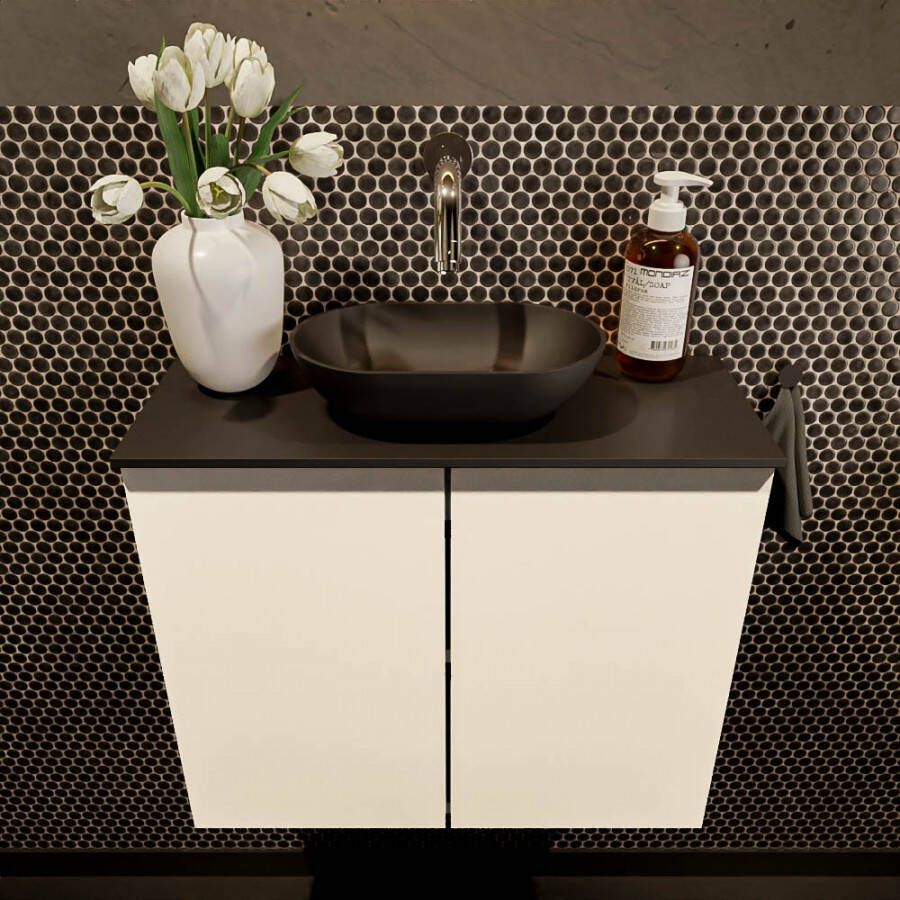 Mondiaz Fowy toiletmeubel 60x50x23cm talc mat 0 kraangaten wasbak: midden 2 deuren solid surface met blad MDF kleur wasbak: zwart FOWY59010talcurban
