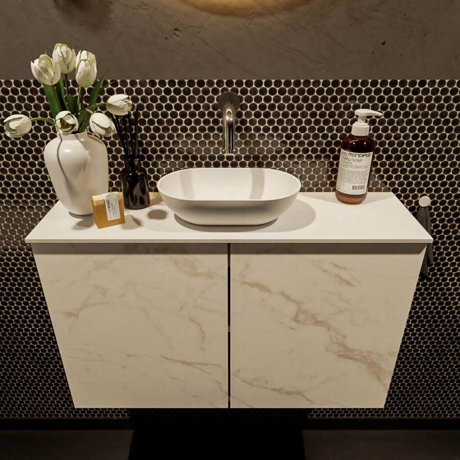 Mondiaz Fowy toiletmeubel 80cm Carrara met witte waskom midden zonder kraangat