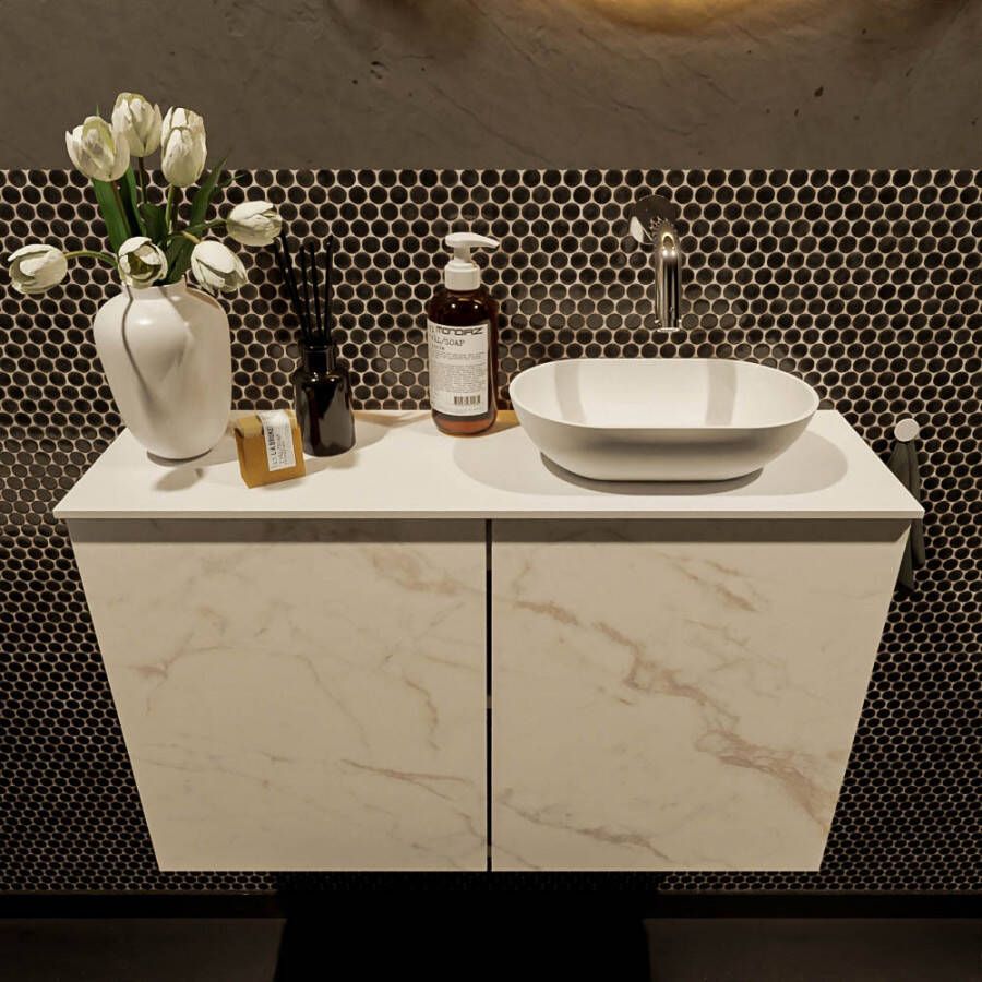 Mondiaz Fowy toiletmeubel 80cm Carrara met witte waskom rechts zonder kraangat