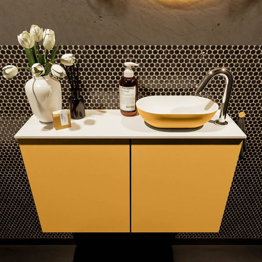 Mondiaz Fowy toiletmeubel 80x50x23cm ocher mat 1 kraangat wasbak: rechts 2 deuren solid surface met blad MDF kleur wasbak: Oranje Wit FOWY59015ocherocher